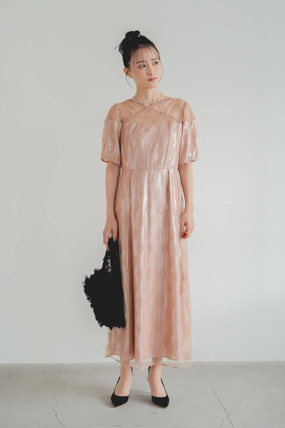 kaene レースカシュクール　ドレス　ネイビー38 ワンピース GIRL DRESS FOR NOW ドレス パールベルト付きカシュクール風