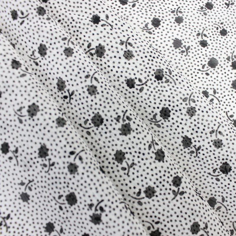 【kaene fabrics for you】楊柳フラワープリントシフォン（white×black）