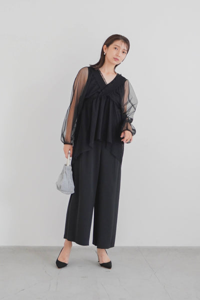 

re'kaene(リカエン)公式サイト(レンタル) シャーリングチュールオールインワン（ 38 / black ）100898 | モデル身長167cm 着用サイズ38