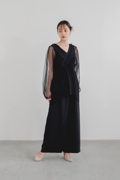 
re'kaene(リカエン)公式サイト(レンタル) シャーリングチュールオールインワン（ 34 / black ）100898 | モデル身長157cm 着用サイズ36