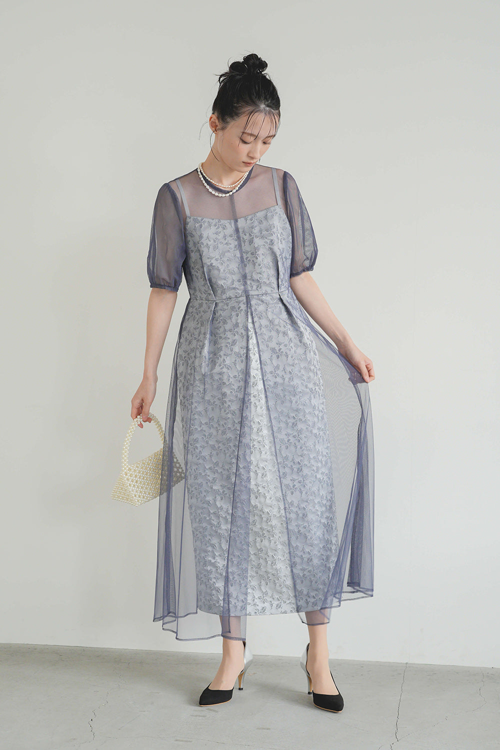kaene ミックスレースドレス　ブルーグレー　38 kaene｜ミックスレースドレス