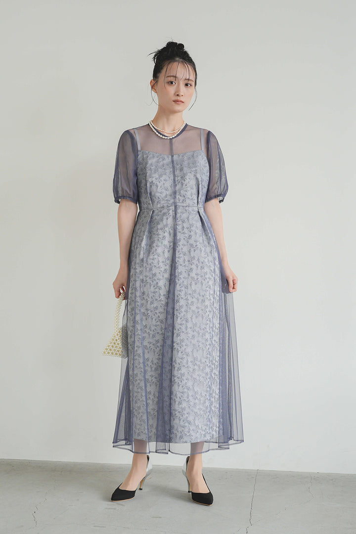 【kaene】ローズジャガード　チュールドレス　36（Mサイズ）　sax　美品 re'kaene公式サイト レンタル ローズジャカード×チュールドレス