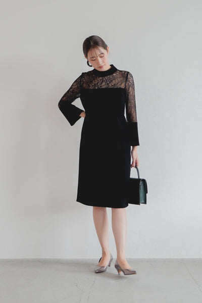 re'kaene(リカエン)公式サイト レンタル レースミックスミドルネックドレス（ 38 / black ）100297 | モデル身長165cm　着用サイズ38